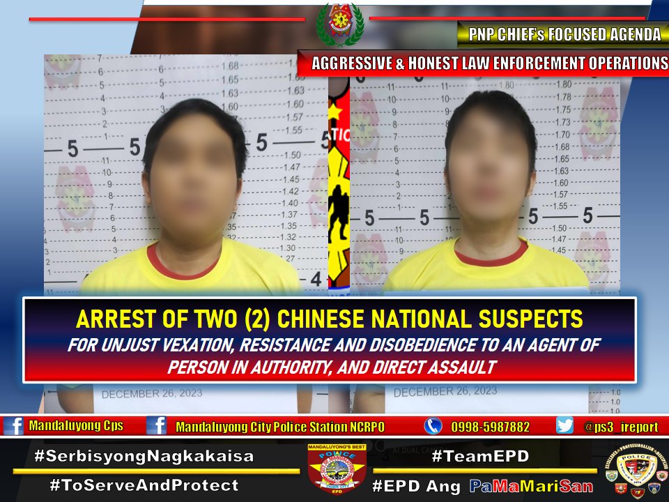 ps3_ireport's tweet photo. MANDALUYONG CPS NEWS RELEASE
Date: December 27, 2023

Arrested two (2) Chinese National, suspects for Unjust
Vexation, Resistance and Disobedience to an agent of person in authority, and Direct Assault https://t.co/GmpZ35TlJy