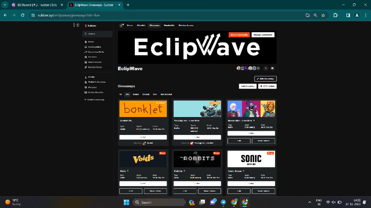 🪂💸 Exciting WL's Giveaway Alert! ⚡️

🌟 Subber: [subber.xyz/eclipwave/give…]
🎁 WL's slots for their upcoming #mint🎗️

To Win:
✅ Follow <a href="/EclipWave/">EclipWave 🌊 | Free mint</a>
✅ Like, RT &amp; Tag friends

Don't miss out on this epic opportunity! 🚀 #Giveaway #CryptoCommunity #Solana #Bitcoin