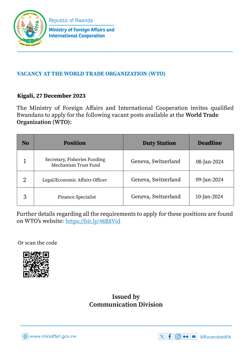 Job opportunities at WTO. Interested candidates can apply through the following link:👉🏻 bit.ly/48dgpbp or scan the QR Code.