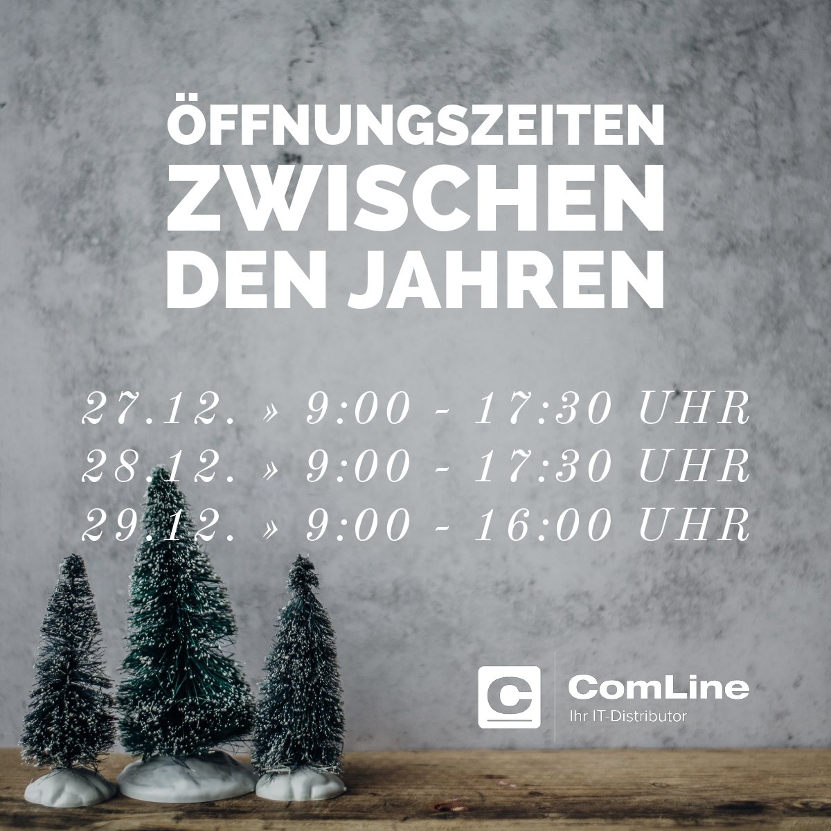 Sollten Sie zwischen Weihnachten und Neujahr arbeiten, dann können wir Ihnen versichern: Wir sind für Sie da. 
Am 27. + 28.12. von 9:00 - 17:30 Uhr 
und am Freitag, den 29.12. bis 16:00 Uhr
Rufen Sie uns an, wir freuen uns auf Sie.