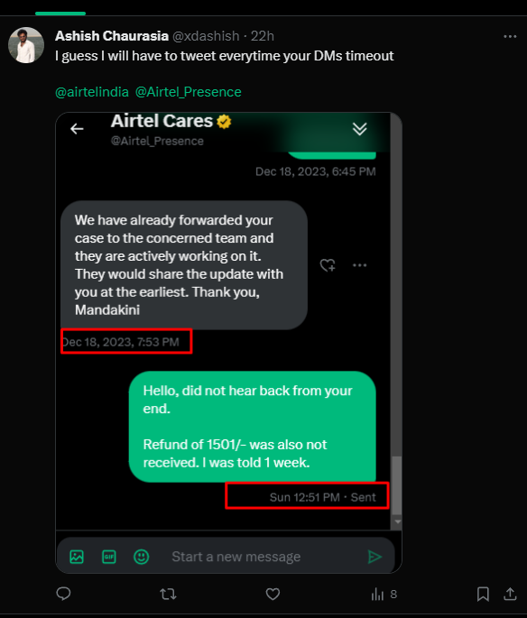 chaurasia_eth's tweet photo. @Airtel_Presence For some reason you're not replying on my main account. Is it blacklisted or do you feel offended by something?

Or you do not want to refund my money? https://t.co/2zP4u05ajK