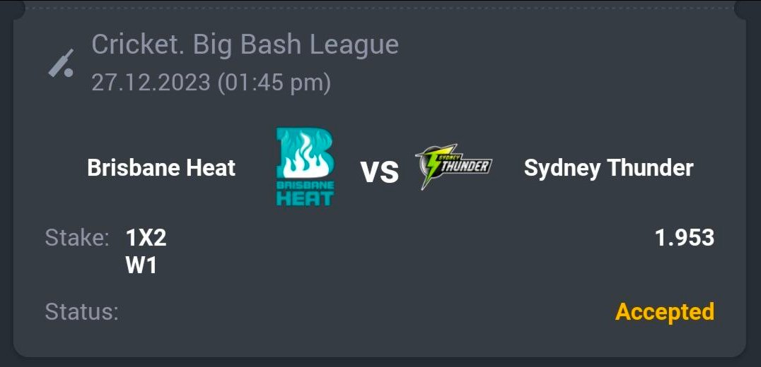 A3RBET's tweet photo. Cricket - Big Bash League

🏏 Brisbane Heat ML
🔖 1.95
💵 21 Units

#GamblingTwitter #SportsBetting #TeamParieur #SportsBet #Betting #FreePicks #A3RBET #SportsBettor

#CricketTwitter #Cricket #BigBash #BigBashLeague #BBL13 #BBL #HeatBBL #SydneyThunder #ThunderBBL

Like + RT https://t.co/cgIkDjnOis