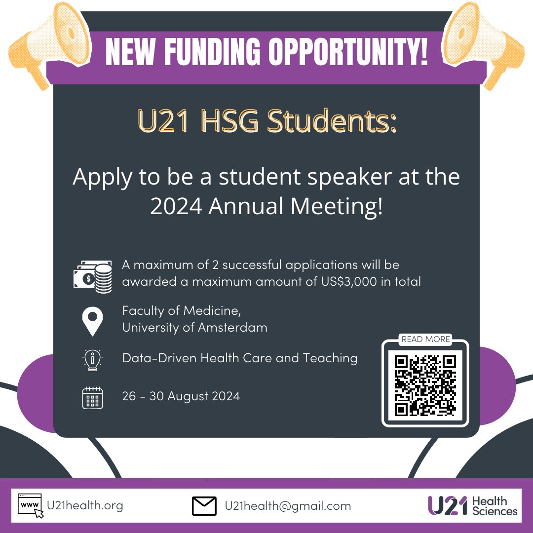 Exciting opportunity for U21 HSG students to get involved in the U21 HSG Annual Meeting.
Health sciences students can apply to deliver a presentation about their student-led project / initiative / activity relevant to 2024 Annual Meeting theme. u21health.org/amsterdam-2024…
#U21health