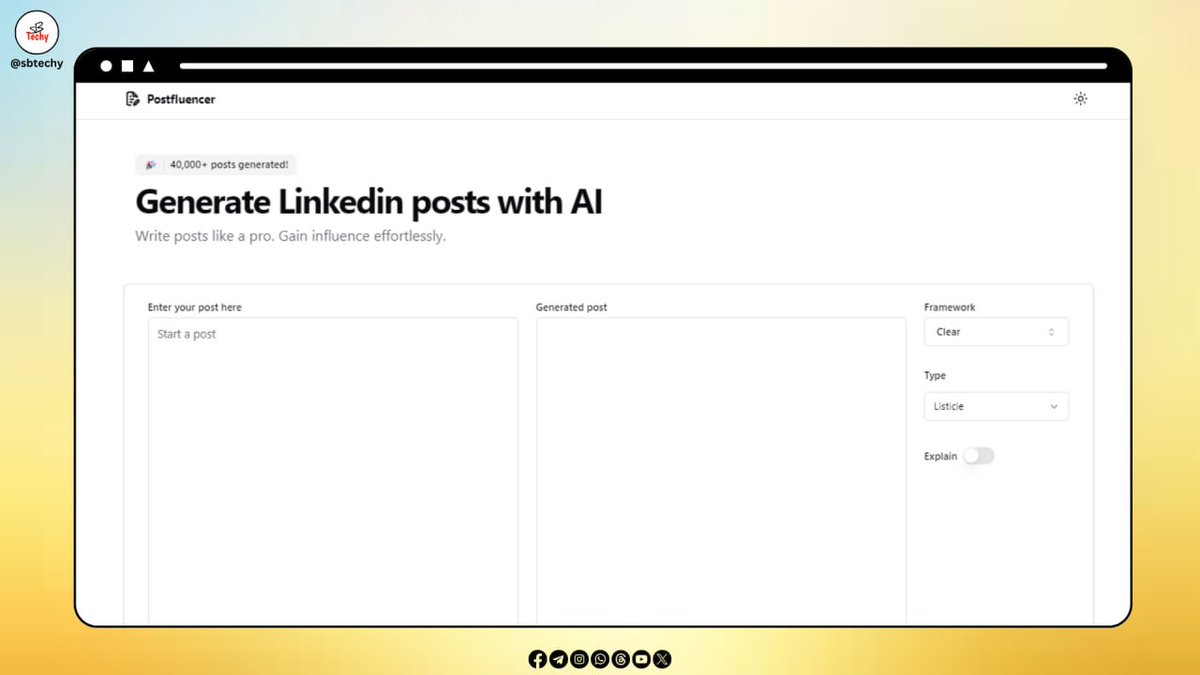 sbtechy's tweet photo. 🚀 Introducing https://t.co/kFVcFFDn9h : AI-powered LinkedIn post generator! Create pro-level posts with AIDA, Story, and Hero's Journey frameworks. Boost your LinkedIn presence and gain influence effortlessly. #Postfluencer #AI #LinkedInTips https://t.co/j2Yzwl8R6T