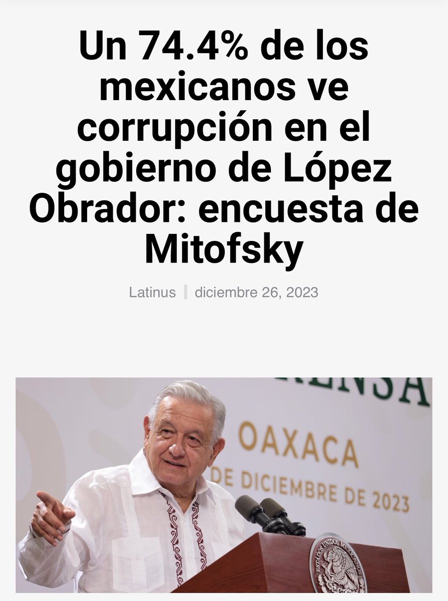 José Díaz (@jjdiazmachuca) on Twitter photo 𝐔𝐧 𝟕𝟒.𝟒% 𝐝𝐞 𝐥𝐨𝐬 𝐦𝐞𝐱𝐢𝐜𝐚𝐧𝐨𝐬 𝐯𝐞 𝐜𝐨𝐫𝐫𝐮𝐩𝐜𝐢𝐨́𝐧 𝐞𝐧 𝐞𝐥 𝐠𝐨𝐛𝐢𝐞𝐫𝐧𝐨 𝐝𝐞 𝐋𝐨́𝐩𝐞𝐳 𝐎𝐛𝐫𝐚𝐝𝐨𝐫: 𝐞𝐧𝐜𝐮𝐞𝐬𝐭𝐚 𝐝𝐞 𝐌𝐢𝐭𝐨𝐟𝐬𝐤𝐲.
"Aquí tienen a su presidente más corrupto del mundo"
<a href="/MauricioCollado/">MauricioCollado</a> <a href="/raulflorescoy/">Raúl Flores</a> 𝐔𝐧 𝟕𝟒.𝟒% 𝐝𝐞 𝐥𝐨𝐬 𝐦𝐞𝐱𝐢𝐜𝐚𝐧𝐨𝐬 𝐯𝐞 𝐜𝐨𝐫𝐫𝐮𝐩𝐜𝐢𝐨́𝐧 𝐞𝐧 𝐞𝐥 𝐠𝐨𝐛𝐢𝐞𝐫𝐧𝐨 𝐝𝐞 𝐋𝐨́𝐩𝐞𝐳 𝐎𝐛𝐫𝐚𝐝𝐨𝐫: 𝐞𝐧𝐜𝐮𝐞𝐬𝐭𝐚 𝐝𝐞 𝐌𝐢𝐭𝐨𝐟𝐬𝐤𝐲.
"Aquí tienen a su presidente más corrupto del mundo"
<a href="/MauricioCollado/">MauricioCollado</a> <a href="/raulflorescoy/">Raúl Flores</a>