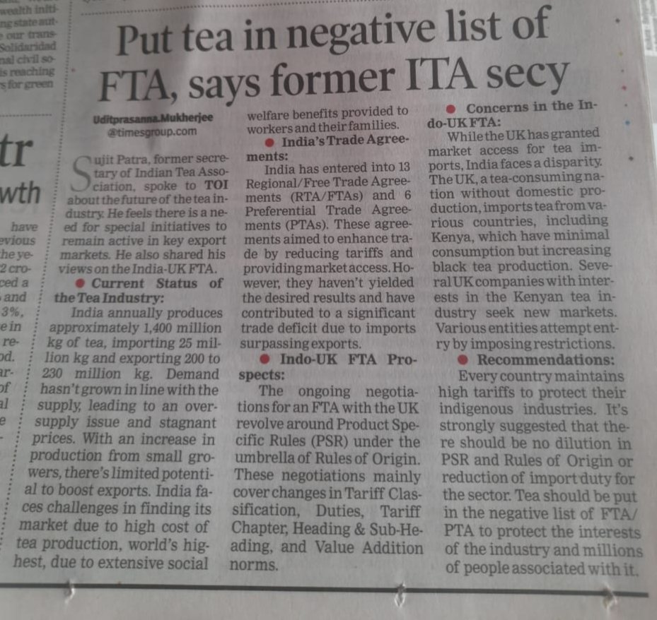 SPatra33's tweet photo. My interview with the Business Editor Mr Udit P Mukherjee of @timesofindia. Appeared in today's publication.

Request to @DoC_GoI &amp; @teaboardofindia to support the view &amp; suggestion expressed in the Art that wl only save the already ailing #Indian #tea industry fm disastrous. https://t.co/cqwtpu0RSW