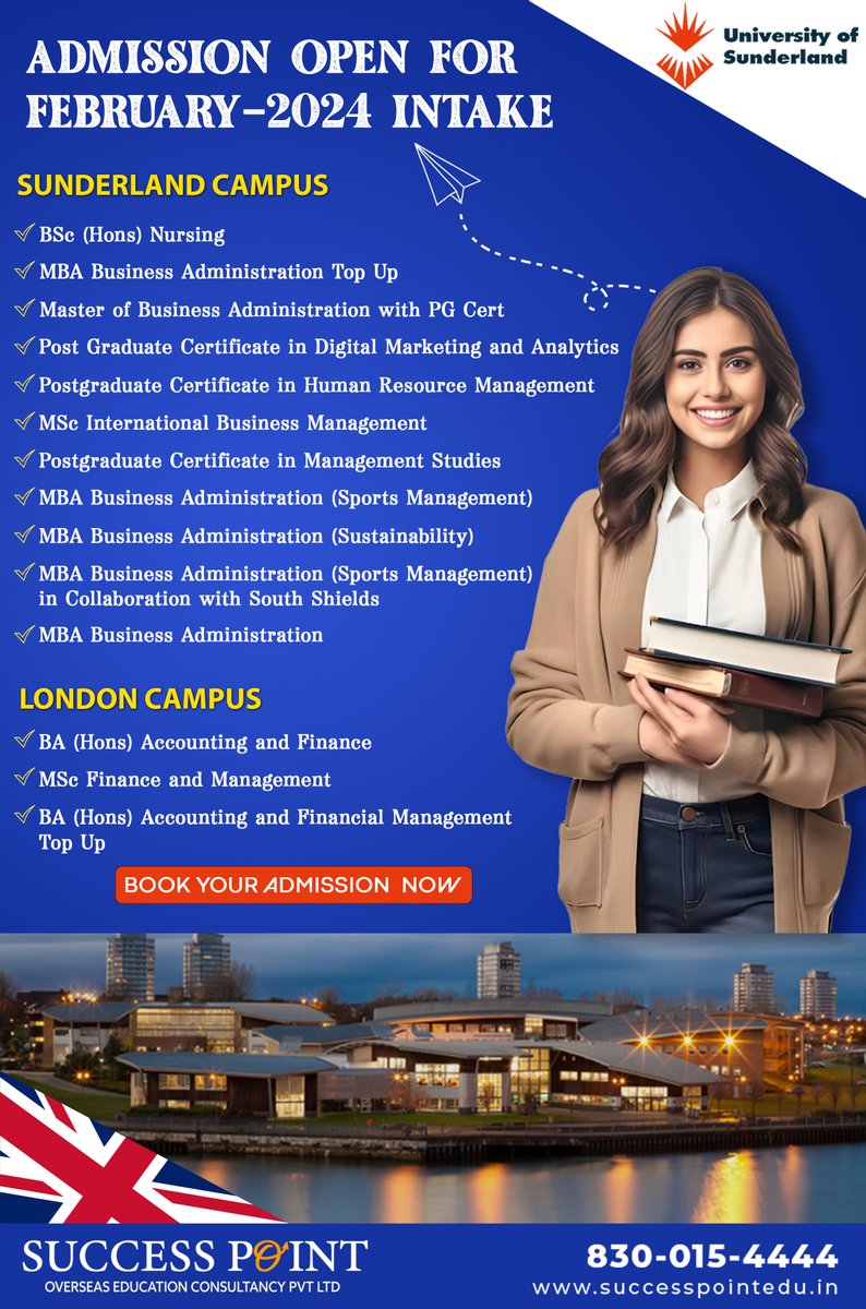 successpointedu's tweet image. 70% in HSC. Without interview. Sunderland University's February 2024 intake is now open for applications. #NoInterviewNeeded #withoutinterview #nointerview #70%inHsc #february2024intake #sunderlanduniversity #successpoint