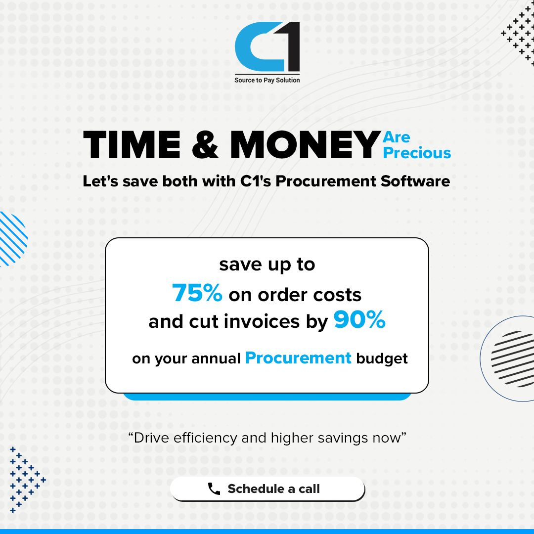 Automate your #procuretopay cycle, and speed up #vendor selections, #inventory updates, and #invoice payments. Make smarter purchase decisions, and foster better supplier relationships.

Time and money are precious. Let's save both with C1 India Pvt Ltd's Procurement Software