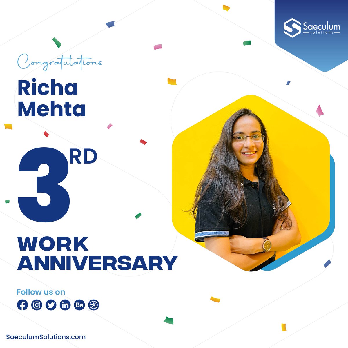 Three years of exceptional coordination and project excellence! 🎉 Celebrating the 3rd work anniversary of Richa Mehta, our Project Coordinator at Saeculum Solutions Pvt Ltd.
#WorkAnniversary #CodingSuccess #WorkAnniversaryCelebration #OfficeLife #OfficeCulture #CelebrationTime