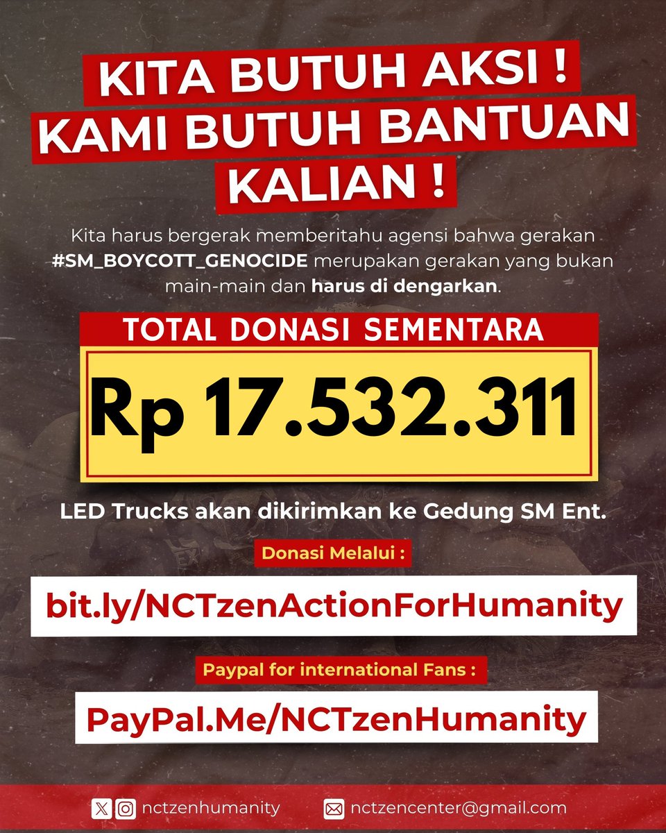 [ PROTEST TRUCK DONATION #SM_BOYCOTT_GENOCIDE ]

Terimakasih kepada 600+ NCTzen &amp; WayZenNi 

Total Donasi Sementara :
Rp 17.532.311 / Rp 20.000.000

Kalian masih dapat berdonasi melalui : bit.ly/NCTzenActionFo…

Transparansi donasi : docs.google.com/spreadsheets/d…