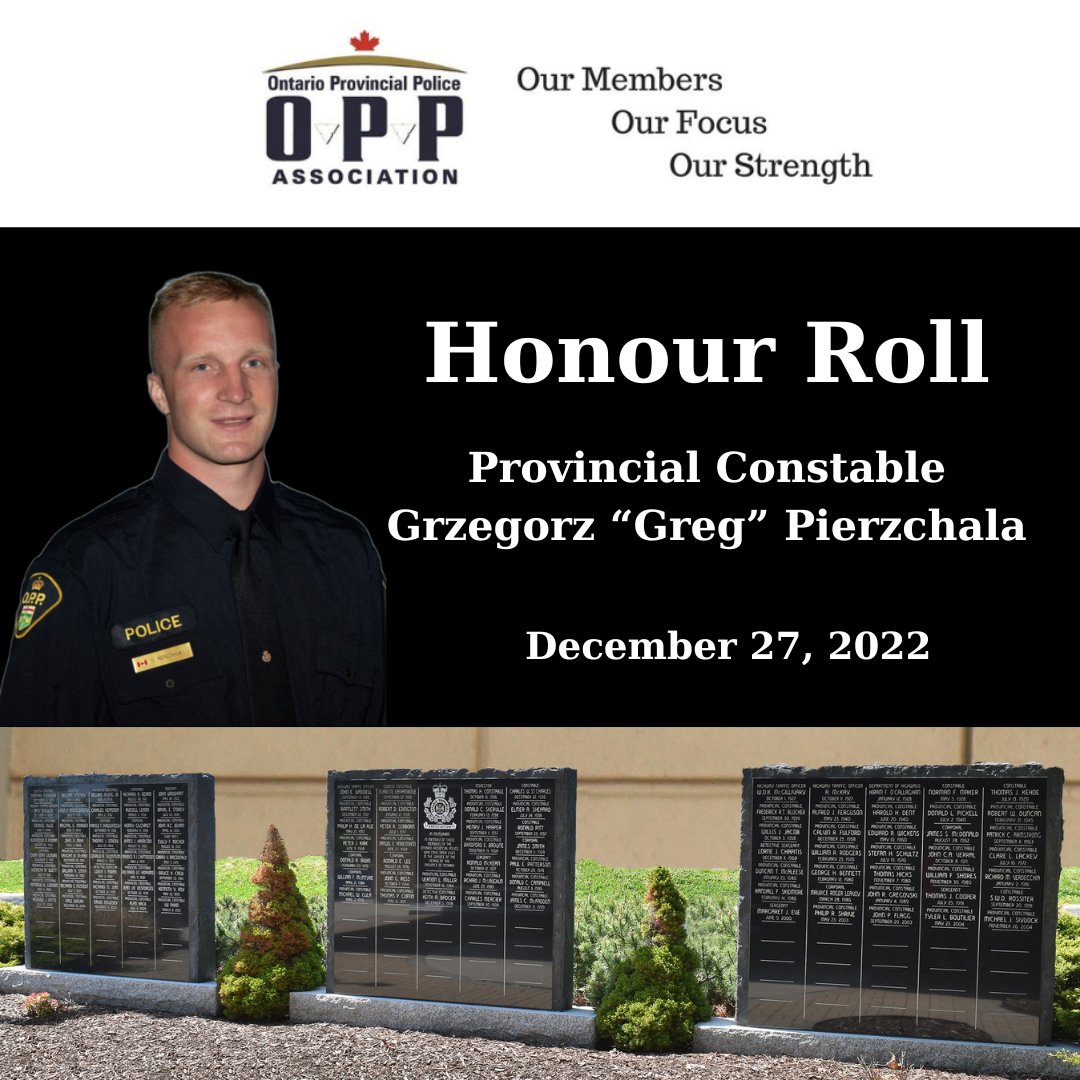 OPP Provincial Constable Grzegorz Pierzchala was shot and killed in the line of duty near Hagarsville, Ontario on December 27, 2022. Greg is forever remembered for his service and sacrifice. Our thoughts are with his family, friends and colleagues today and always. #HeroesInLife
