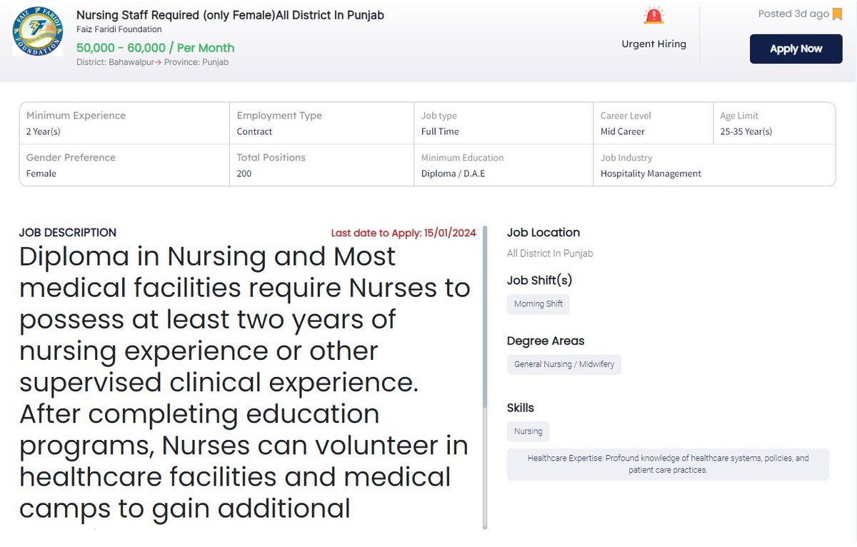 PunjabjobCenter's tweet image. Faiz Faridi Foundation is looking for Nursing Staff Required (only Female)All District In Punjab
Salary 50000-60000
Location All Districts in Punjab
To Apply on available jobs please registered at our official website jobcenter.punjab.gov.pk/worker/create
#latestjobopenings #updateyourprofile
