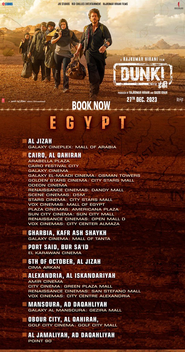 #Dunki releases in cinemas across Egypt today!
A YRF International Release
For International Cinema Listings, check out - yashrajfilms.com/international/…

#YRFInternational | @RedChilliesEnt | @RHFilmsOfficial