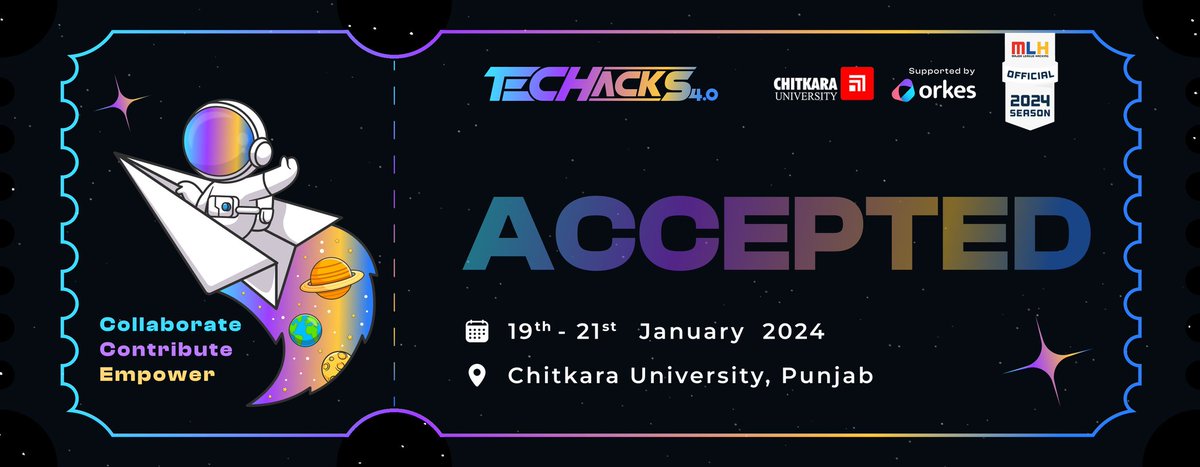 Dainik_Bheda's tweet image. Hey everyone! 🎉 I&apos;m thrilled to inform you that I&apos;ve been accepted as a Hacker for Techacks 4.0 with positive vibes and contributing to the hacker community in a BIG way! 🌟 Join me on this exciting adventure! 🚀#techacks4 #mlh #hackathon @techackscu #community @orkesio #github