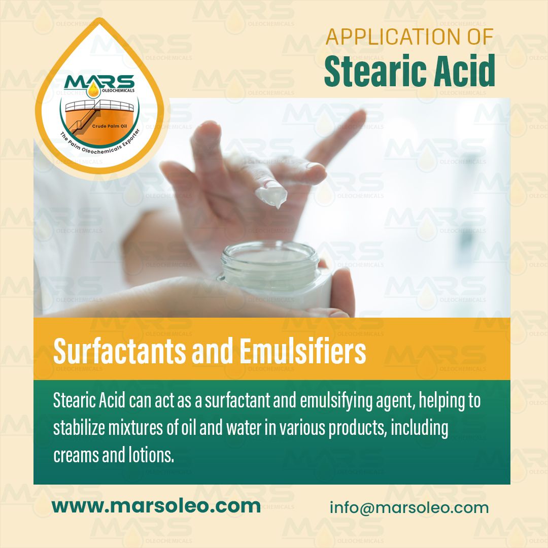 MarsOleochem's tweet image. Application Of Stearic Acid
#Surfactants and #Emulsifiers

#StearicAcid can act as a surfactant &amp;amp; emulsifying agent, helping to stabilize mixtures of oil &amp;amp; water in various products, including creams and lotions.

SEND US YOUR REQUIREMENTS:
info@marsoleo.com

#marsoleochemicals