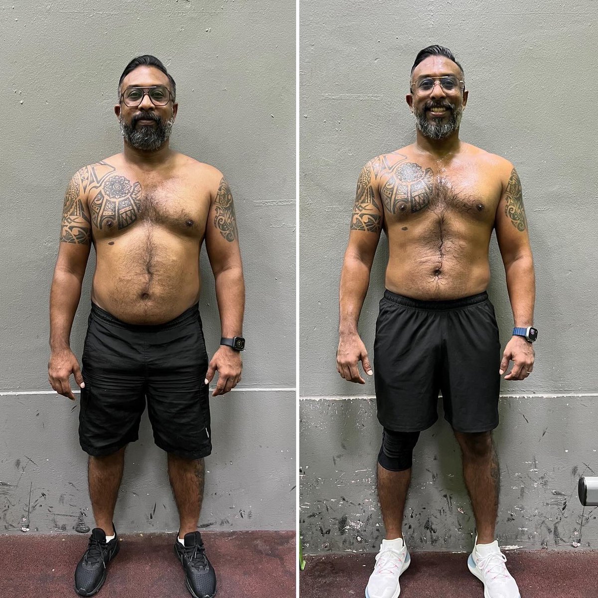 Year end progress check. Hopefully it helps inspire. 

Pictures on the left were taken on the 4th of July 2022. Weight was 89kgs (my heaviest ever)

Pictures on the right were taken today, 27th Dec 2023. Weight 77kgs. 

Just stayed the course &amp; just showed up.