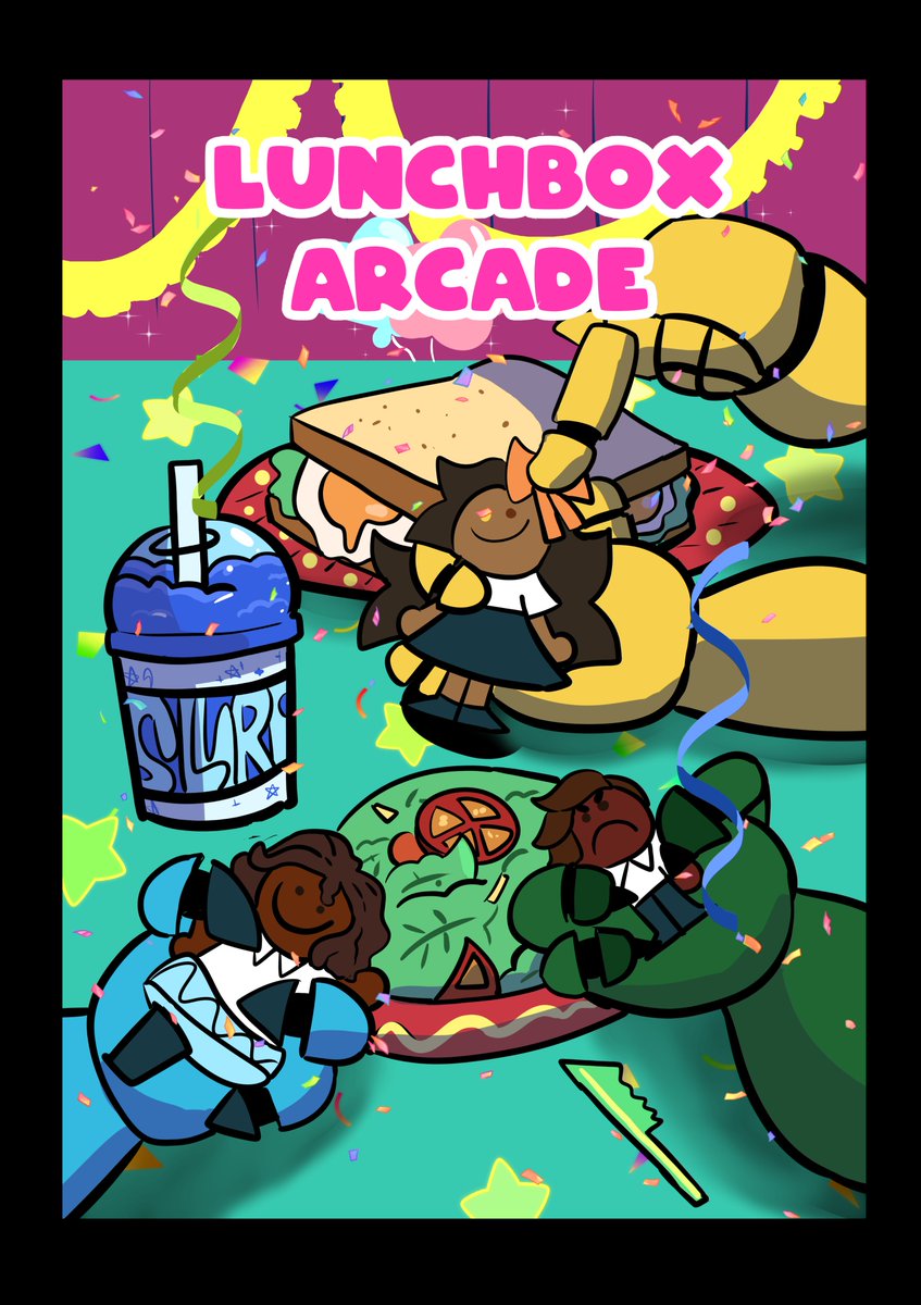 Updated pages + cover for my tba comic "Lunchbox Arcade!" Three friends who go through boss battles, magical transformations and animatronic thralls, all for the sake of a birthday party!
🥳🪩🐶 