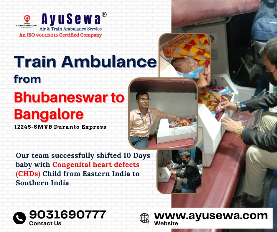 Train Ambulance by #AyuSewa via SMVB Duranto Express from #Bhubaneswar to #Bangalore. Our team successfully shifted 10-day baby with Congenital Heart Defects Child from #Eastern #India to #Southern #India.
9031690777
ayusewa.com
#BhubaneswarToBangalore #TeamAyuSewa