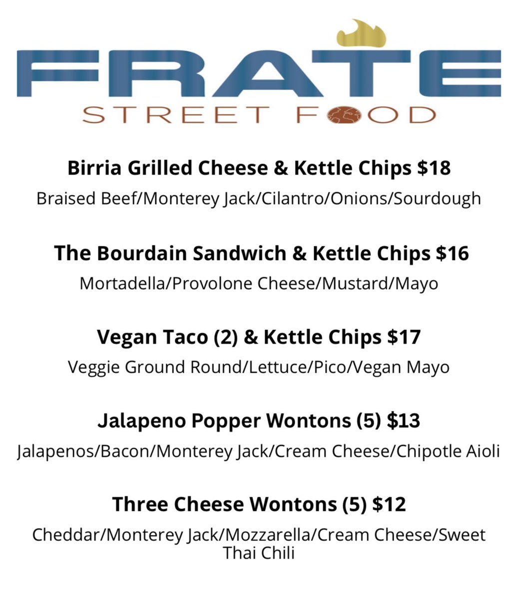 ⁉️😋WHAT ARE WE EATING THIS WEEKEND?!😋⁉️
FRATE Street Food is back at the brewery all weekend long! We encourage you to try something from this tasty menu (or many things - we won’t judge!). 

#drinklocal #amherstburg #craftbeer #glheritage #beerandfood #supportlocal