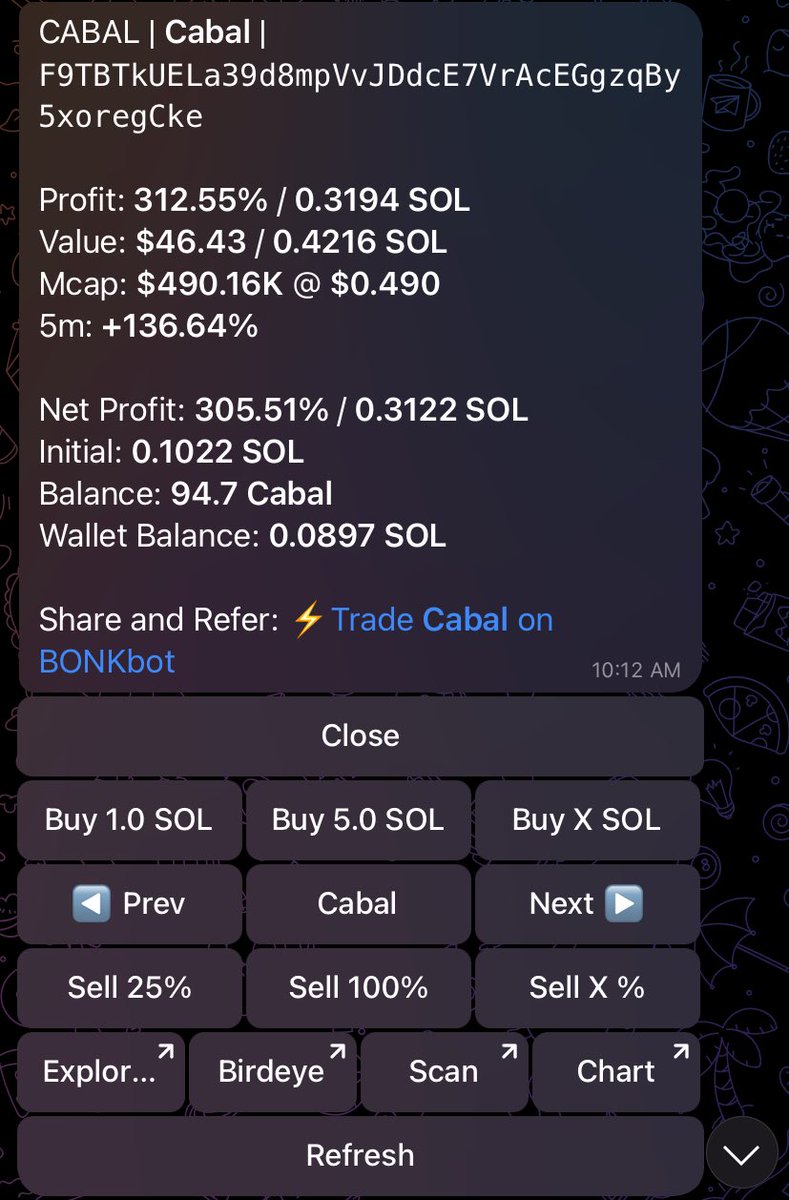 MikeZillionaire's tweet photo. What is $cabal ? Who is $cabal ?

It’s a token which represents an entity/group.

🔰 I JUST MADE 312% PROFIT ON IT. 

I bought a small amount using BONK BOT.

Follow step in this thread if you want to buy some $cabal 

1/ https://t.co/I7Db7Ynk3z