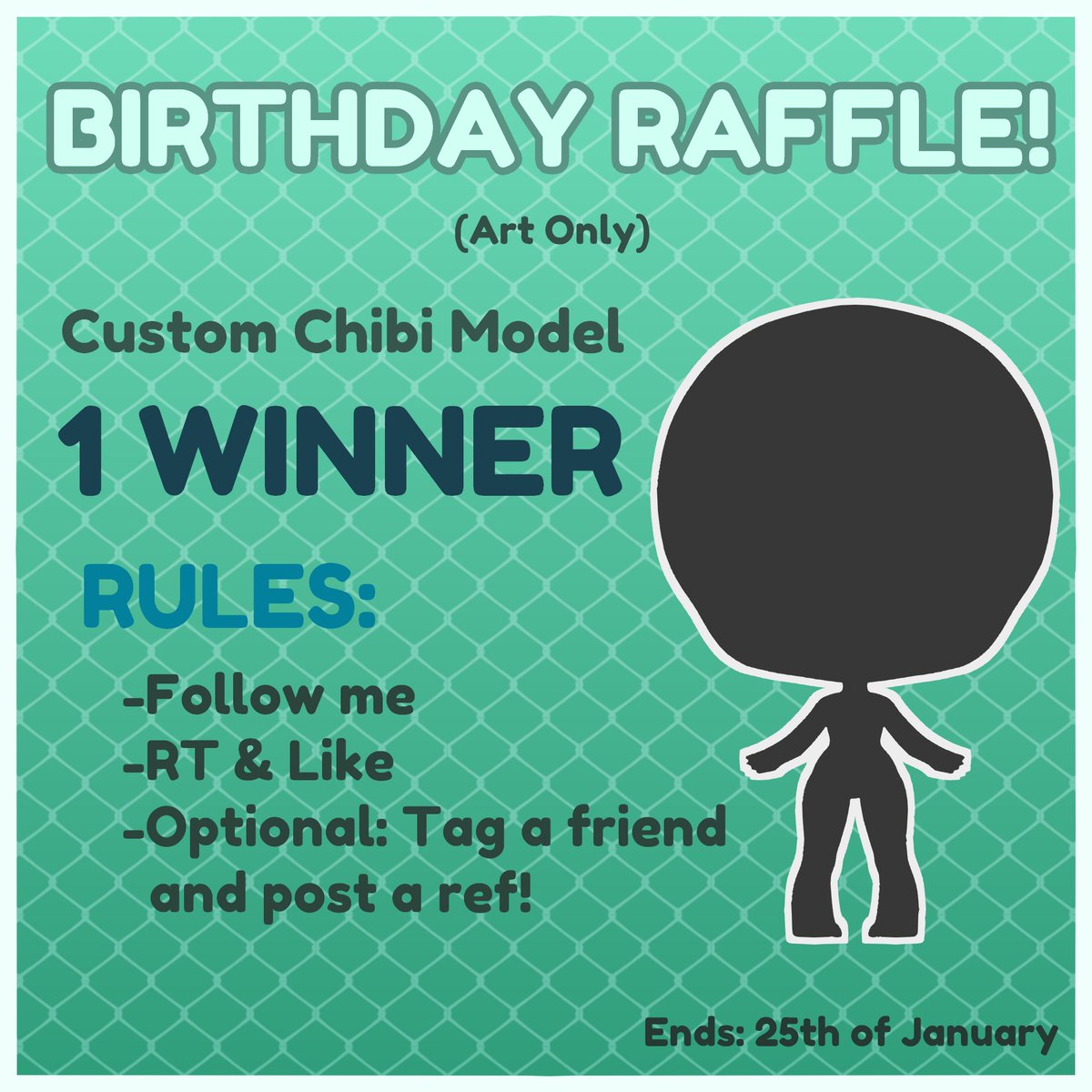 DashiPants's tweet image. 🎉✨CHIBI MODEL BIRTHDAY RAFFLE✨🎉
On January 25th, 2024, 1 winner will randomly be picked!

Rules to participate:
🐾Like
🐾Retweet
🐾Follow me @DashiPants 
Optional: Tag a friend and drop your reference!

No Giveaway Accounts allowed!
#Vtuber #VtuberMode #art #raffle #Giveaway