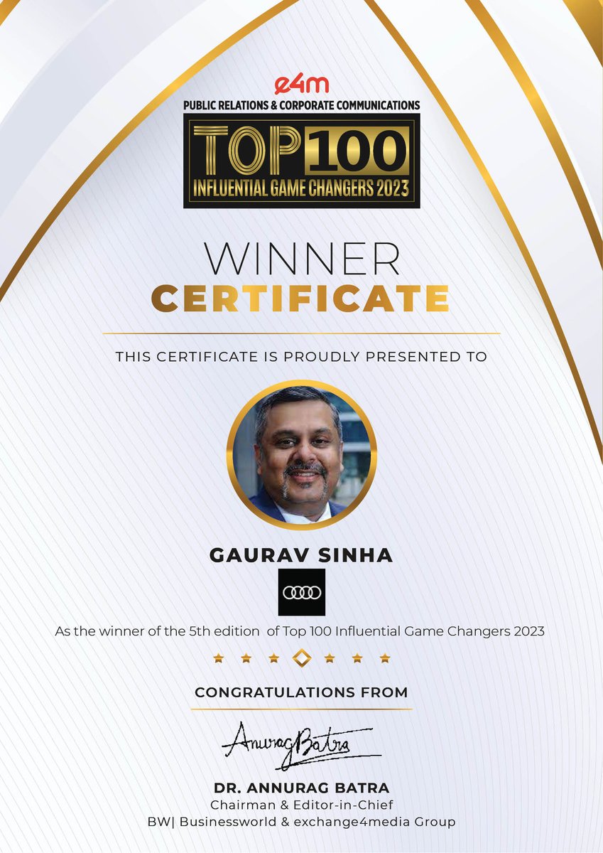 e4m Live (@e4mevents) on Twitter photo Our heartiest congratulations to #GauravSinha from <a href="/AudiIN/">Audi India</a> for being featured in the e4m PR and Corp Comm Top 100 Influential Game Changers list 2023 !
<a href="/anuragbatrayo/">Anurag Batra</a> | <a href="/nawalahuja/">Nawal Ahuja</a> | <a href="/karanbhatias/">Karan Bhatia</a>
#e4mprtop100influentialgamechangers #e4mevents #PRCorpComm Our heartiest congratulations to #GauravSinha from <a href="/AudiIN/">Audi India</a> for being featured in the e4m PR and Corp Comm Top 100 Influential Game Changers list 2023 !
<a href="/anuragbatrayo/">Anurag Batra</a> | <a href="/nawalahuja/">Nawal Ahuja</a> | <a href="/karanbhatias/">Karan Bhatia</a>
#e4mprtop100influentialgamechangers #e4mevents #PRCorpComm