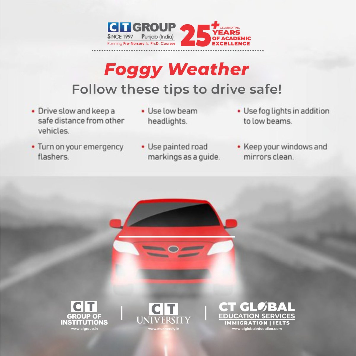 Foggy weather calls for caution! 🌫️ 
Your safety is our priority!

#ctgroup #drivesafe #foggyweather #safetyfirst #slowdown #keepdistance #headlights #foglights #emergencyflashers #roadmarkings #cleanwindows #safedriving #southcampus #shahpur