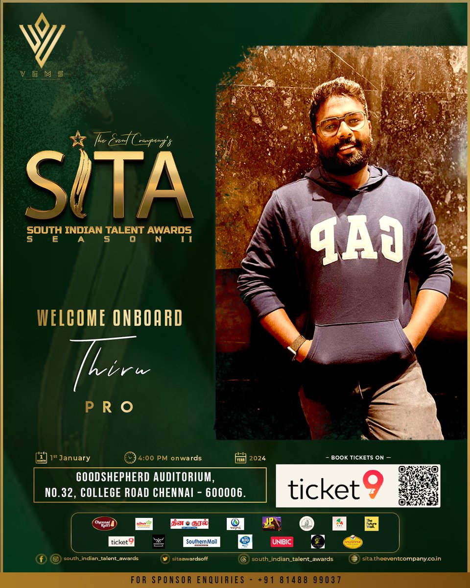 Welcoming our P R O  'Thiru' to SITA Season 2! Your presence adds prestige to our event.

For Tickets Visit The Link - theticket9.com/event/south-in…

#SITA #SITASeason2 #TheEventCompany #Awardshow #Thiru #PRO #Tamilcinema #CelebrityPR