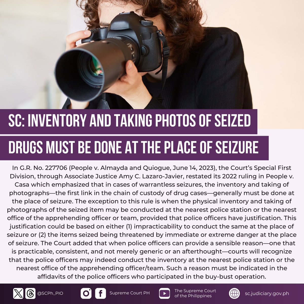 SCPh_PIO's tweet photo. The Supreme Court has ruled that in the chain of custody in drugs cases, the seizure, marking, physical inventory, and photograph-taking of the seized drug must be done immediately at the place of arrest.

READ: https://t.co/vOzbmax9h8 https://t.co/bW7yaQrmJQ