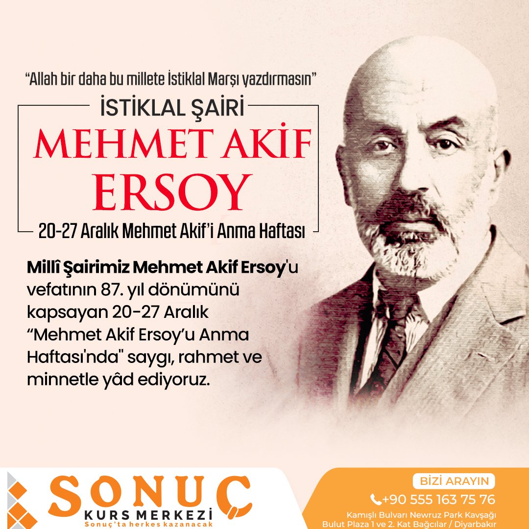 Milli Şairimiz Mehmet Akif Ersoy'u vefatının 87.yıl dönümünü kapsayan 20-27 aralık "Mehmet Akif Ersoy'u Anma Haftası'nda" saygı,rahmet ve minnetle
yad ediyoruz. #MehmetAkifErsoy #millişairMehmetAkifErsoy