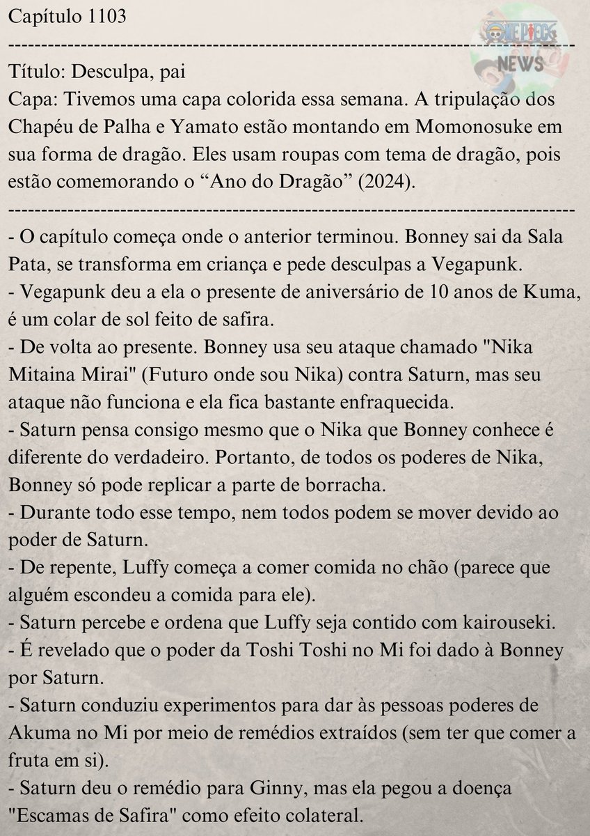 OnePieceNewsASL's tweet image. #ONEPIECE1103
🚨 Spoilers Completos do Capítulo 1103 de One Piece!

Que final de capítulo ABSURDO.
Eiichiro Oda, você é um gênio.