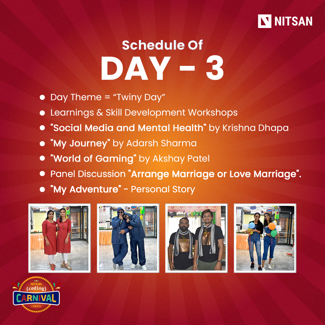nitsantech's tweet photo. Day 3 countdown is ON! ⏰ We're gearing up at NITSAN Coding Carnival🚀 Check out the full schedule of today.
#NITSANCodingCarnival2023 #NCC2023 #NITSAN #Coding #FunAndLearn https://t.co/N7ChqKKvWy