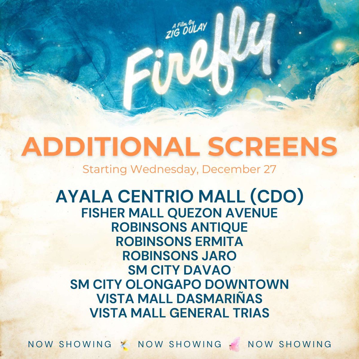GMAPictures's tweet photo. NEW SCREEN ALERT! 🤩

Hello sa mga taga-CDO! Maaari na rin kayong makapanood ng #FireflyMovie sa big screen! ✨ 

Sugod na sa mga sinehan at suportahan ang 'Firefly' sa #MMFF2023! https://t.co/pKJQK26ByJ