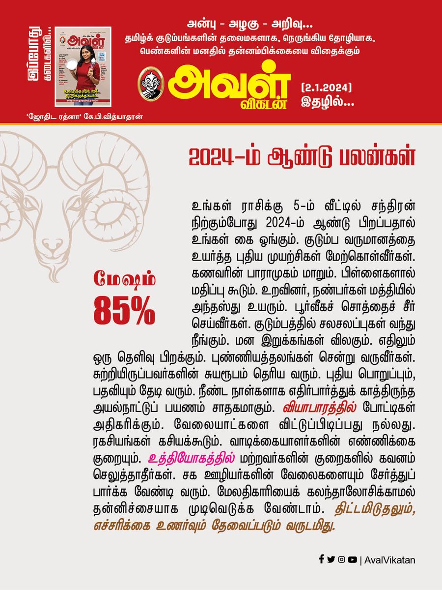 AvalVikatan's tweet photo. 12 ராசிகளுக்கான 2024-ம் ஆண்டு பலன்கள்..!

#rasipalangal #rasipalan2024 #newyear #newyear2024 #astrology #rasi https://t.co/cpiWuqDmxb