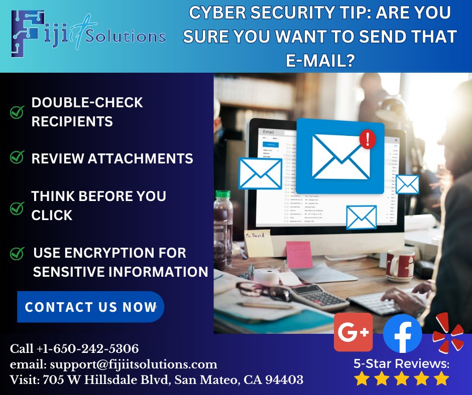 fijiitsolutions's tweet photo. Remember, a moment of caution can save you from potential cybersecurity issues. Taking a few extra seconds to review and think before sending can make a significant difference in protecting your digital assets. #fijiitsolutions #sanmateo #bayarea #cybertip #emailtips https://t.co/51NfbBcMx5