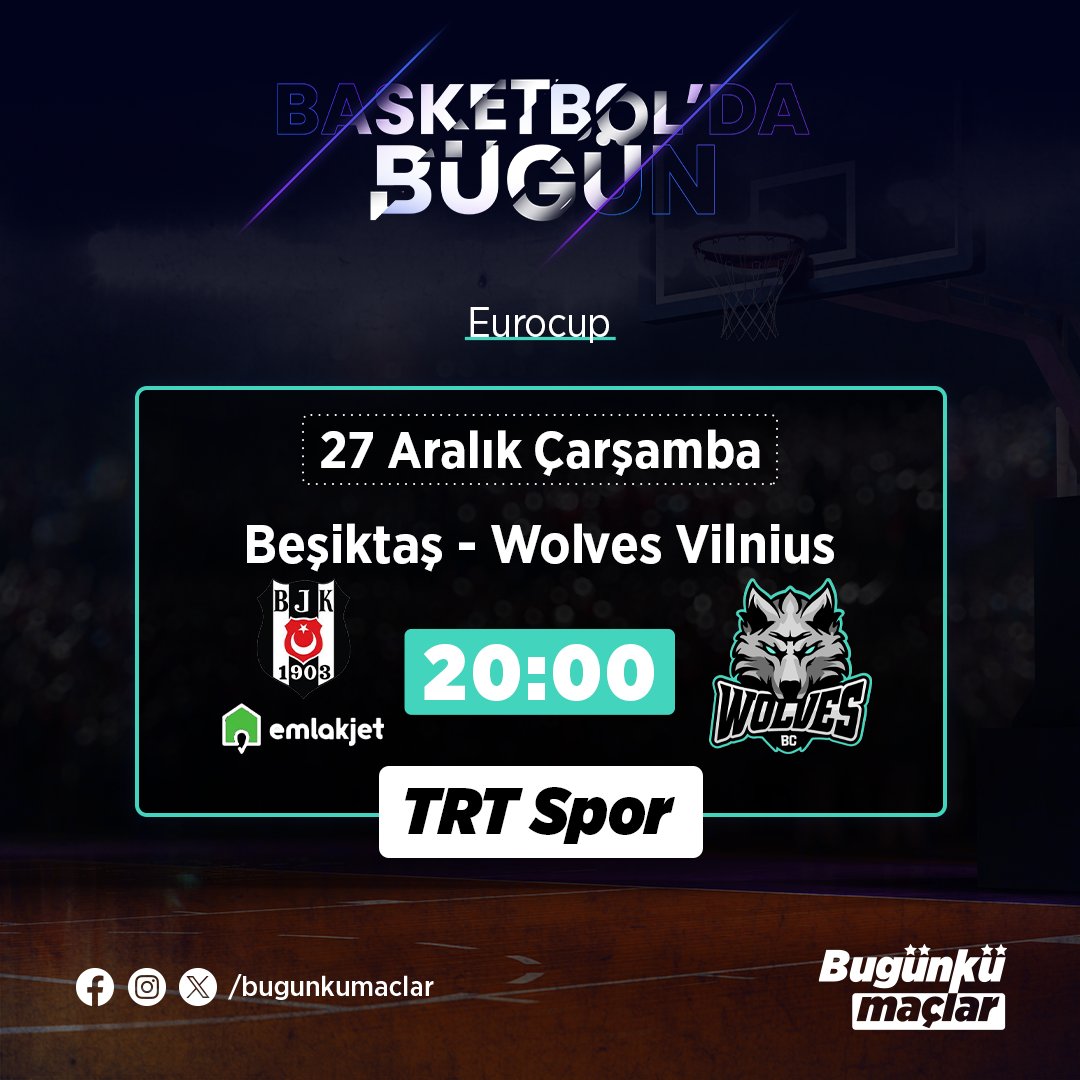 bugunkumaclar's tweet photo. 🗣️💭 Basketbol'da Bugün

▪️Eurocup - Group Stage - Grup A

Beşiktaş 🆚 BC Wolves Vilnius
🗓 27 Aralık Çarşamba
🕢 20.00
📺 TRT Spor

#basketbol #besiktas #wolvesvilnius #bugunkumaclar #basketball #basketboldabugun #eurocup #trtspor https://t.co/4AGdtox6ZB