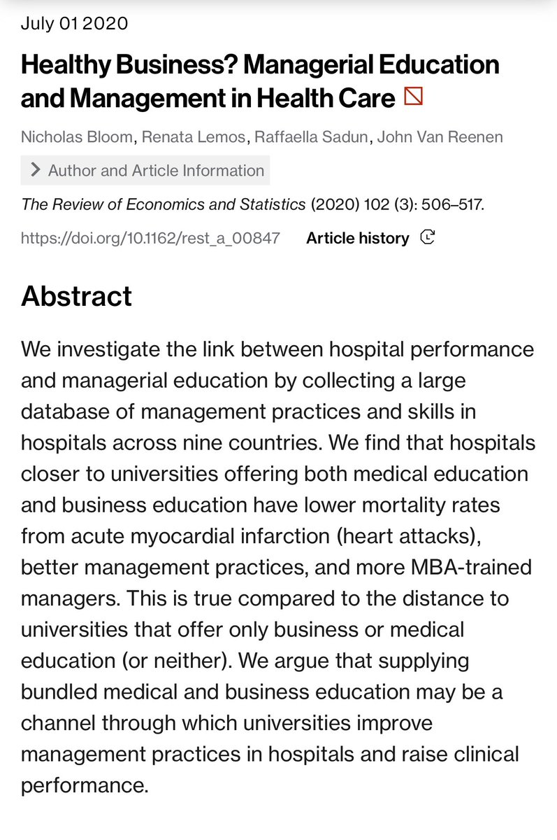 emollick's tweet image. MBAs and good management seem to help doctors save lives, as this study of 2,000 hospitals in 9 countries shows.

Hospitals near universities with both business &amp;amp; medical schools hire more MBAs, have better management and significantly lower death rates. direct.mit.edu/rest/article/1…