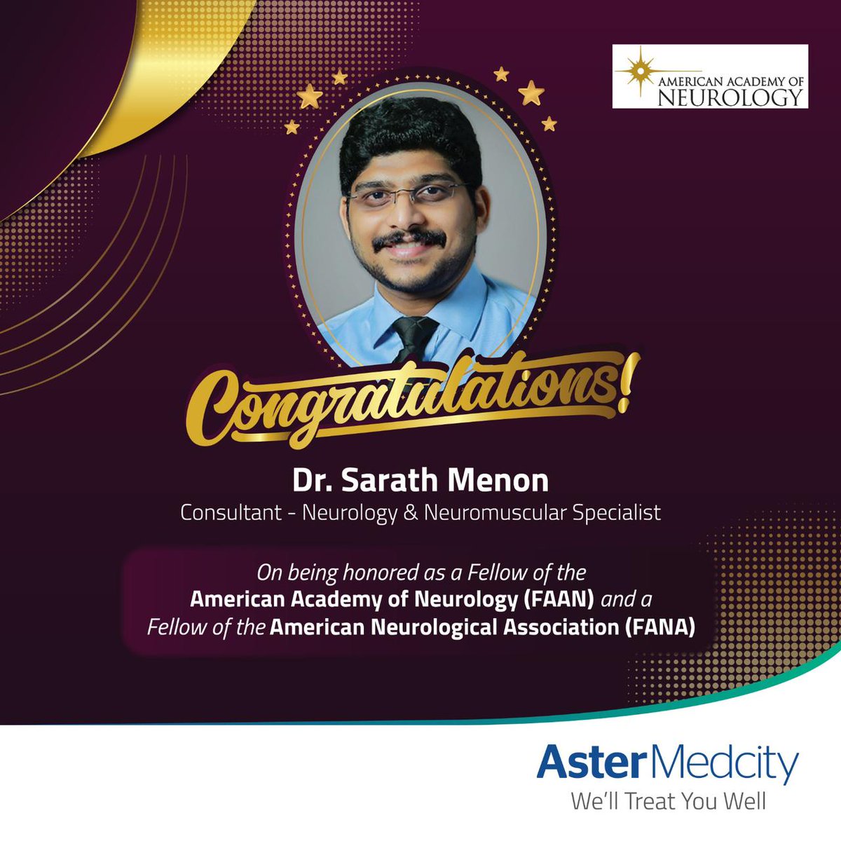 🏆 Dr. Sarath Menon has been bestowed with the prestigious title of Fellow of the American Academy of Neurology (FAAN) and a Fellow of the American Neurological Association (FANA). Let us come together to congratulate and celebrate Dr. Sarath Menon on this momentous achievement!