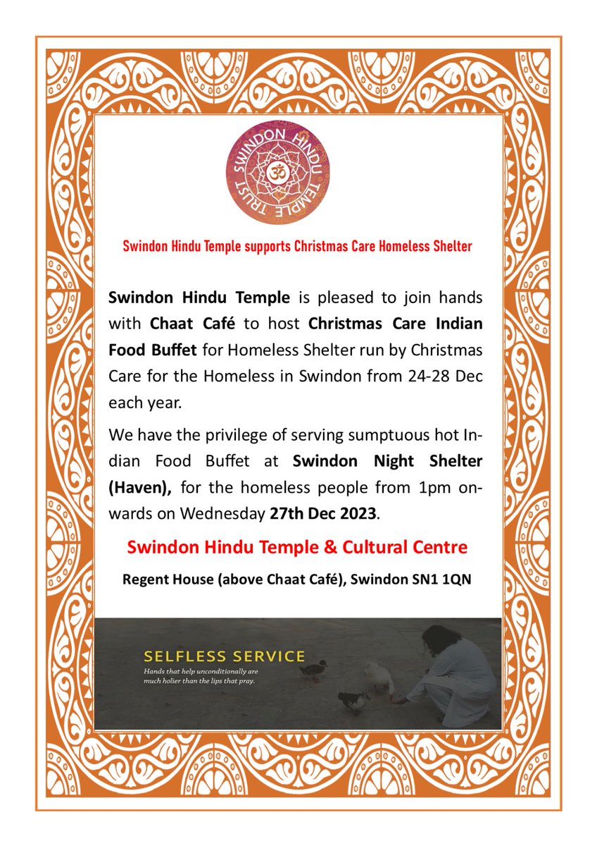 Swindon Hindu Temple supports Christmas Care Homeless Shelter by hosting Indian Food Buffet for the Homeless in Swindon at Swindon Night Shelter (Haven), from 1pm onwards today 27th Dec 2023.
