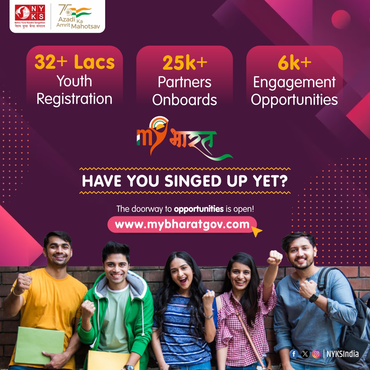 We are progressing towards establishing the foremost youth community in India. With over 32 lakh youth already registered on the #MYBharat portal and a growing network of 25k+ partners, our community continues to thrive. Register Here: mybharat.gov.in #MeraYuvaBharat