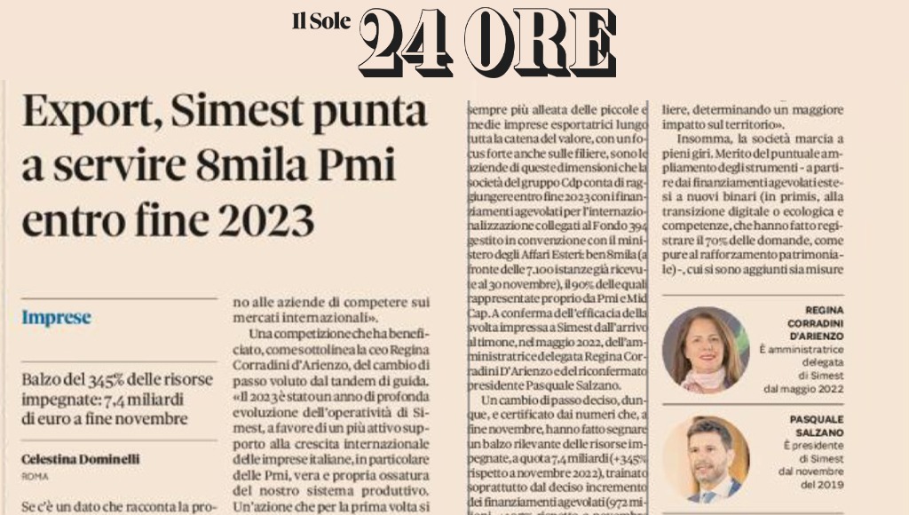 #Export, #SIMEST punta a servire 8mila #PMI entro fine 2023.
Balzo del 345% delle risorse impegnate: 7,4 miliardi di euro a fine novembre.
L’articolo di <a href="/celenostalgia/">Celestina Dominelli</a> sull’operatività di <a href="/SIMEST_IT/">SIMEST</a> sul <a href="/sole24ore/">IlSole24ORE</a> di oggi #27dicembre #internazionalizzazione #MadeInItaly 👇👇