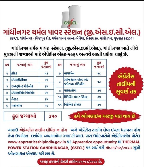 DistrictEmploy5's tweet photo. ગાંધીનગર થર્મલ પાવર સ્ટેશન ( જી.એસ.ઈ.સી.એલ.) - ગાંધીનગર ખાતે એપ્રેન્ટેશીપ કરવાની સુવર્ણતક..
અરજીકરવા માટે https://t.co/L9I5WlCkfu પર જઈ Apprentice Opportunity માં Thermal Power Station Gandhinagar (GSECL) પર સર્ચ  કરી તા.૩૧/૧૨/૨૦૨૩ સુધીમાં ઓનલાઈન એપ્લાય કરી શકાશે. https://t.co/U4bD0dCYkW