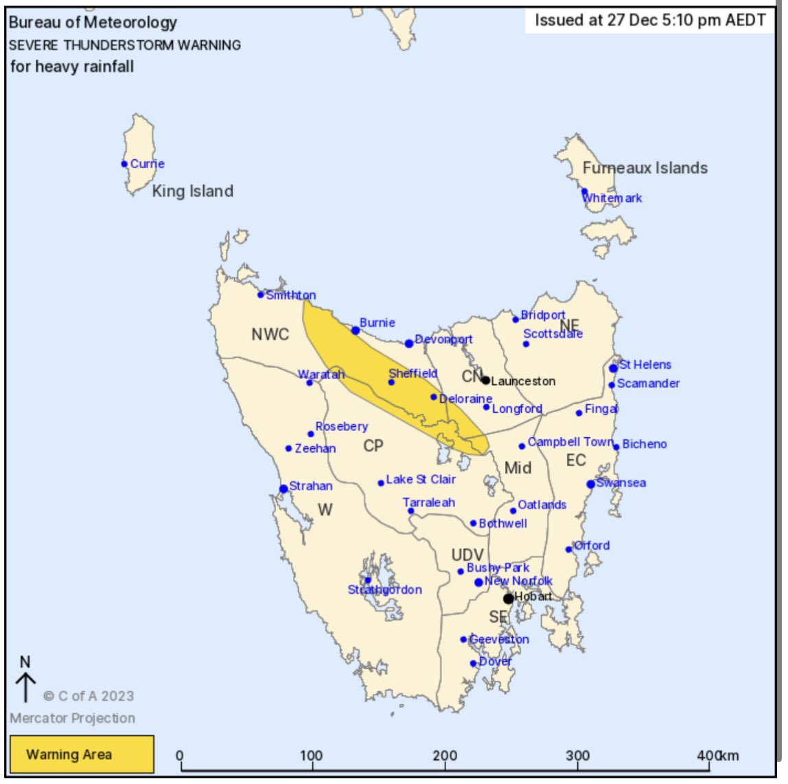 tasalert's tweet photo. .@BOM_Tas has issued a Severe Thunderstorm Warning - Heavy Rainfall 

For people in parts of North West Coast, Central North, Central Plateau and Midlands Forecast Districts. 

For more information, go to: https://t.co/kGhk1xEfmB https://t.co/CQSRi8NTns