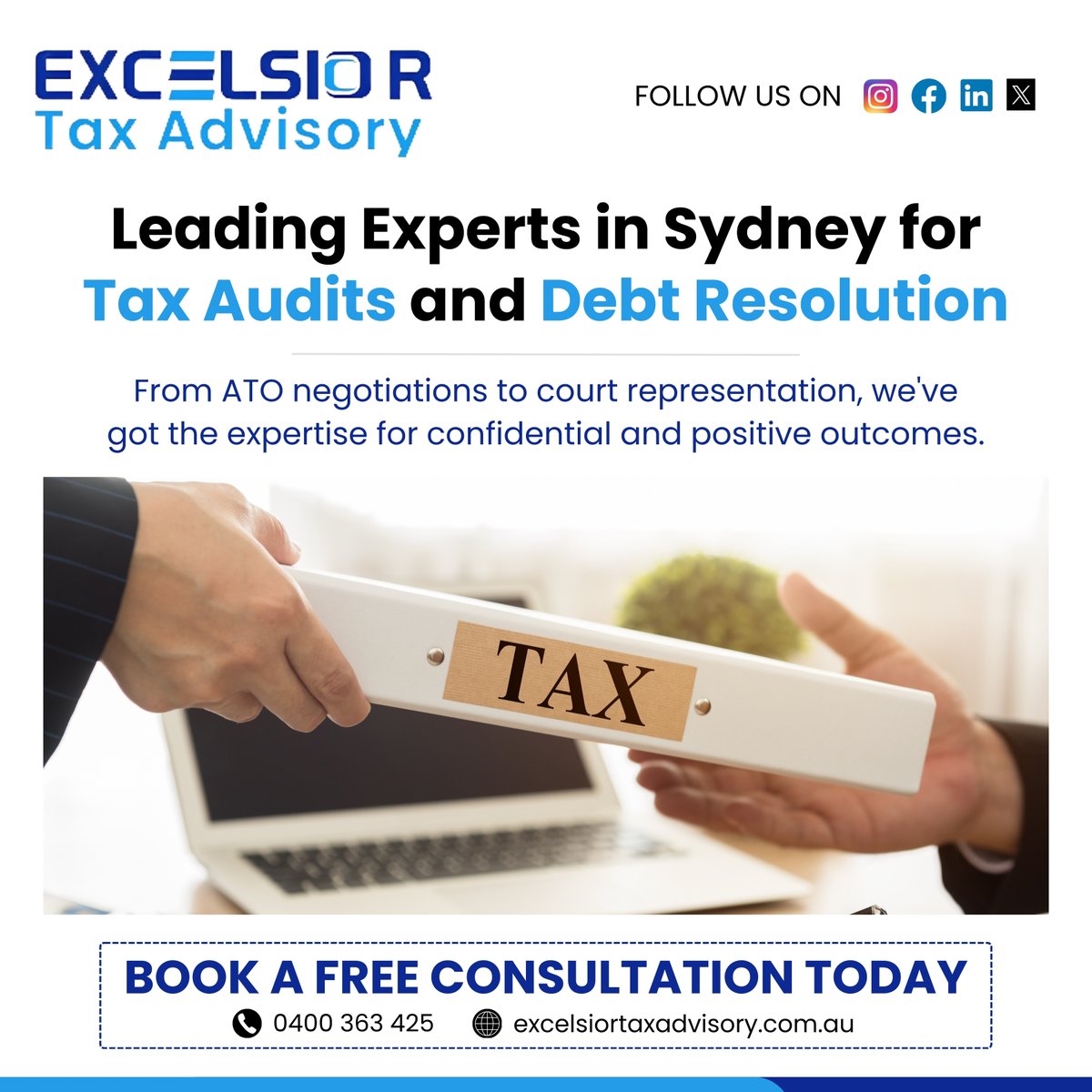 Don't let tax debt and audits keep you up at night.
Contact Excelsior Tax Advisory today for a free consultation. 

#Excelsiortaxadvisory #Taxaudit #taxdebt  #taxlawyers #taxlawyersydney #sydney #sydneytaxes #taxagentsydney #taxsydney #auditsydney #sydneynsw #debtresolution