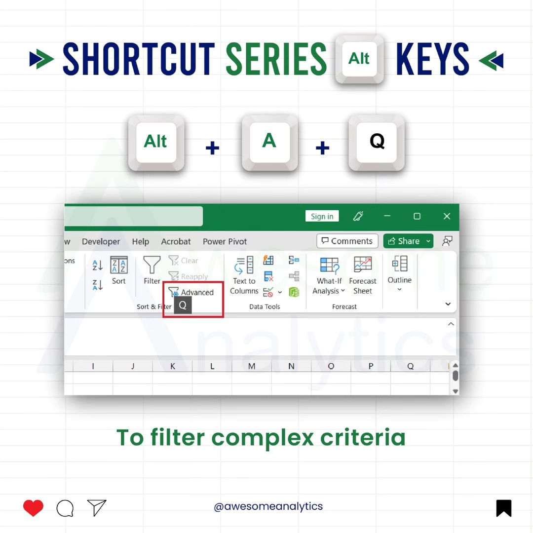 EngInfinityCo's tweet image. Unlock the power of Excel with the Alt + A series! 🚀💪 Discover these game-changing shortcut keys that will speed up your work and impress your colleagues. Say goodbye to tedious tasks and hello to efficiency!
#sheets #excel #msexceltips #excelformulas #exceltraining #exceltips