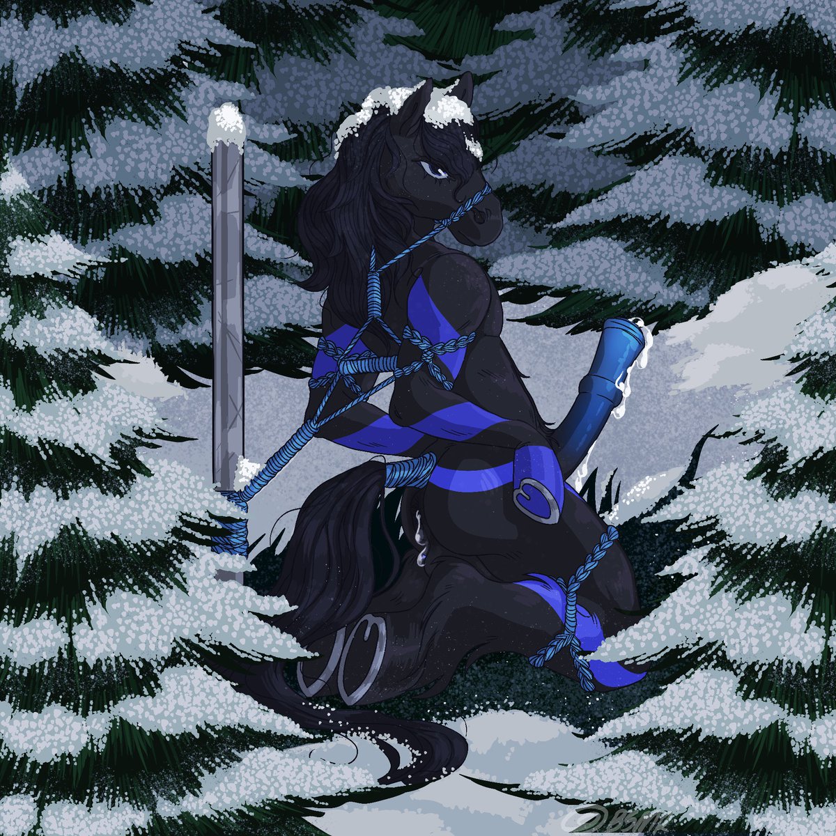 What it feels to capture the image of your tightly bound, shivering and trembling Pony as he strains against the ropes you’ve wrestled onto him. To see his breath plume and the steam of fresh cum as it bubbles out of his holes. The glint of a defiant eye.

Pony: <a href="/BlueStone_horse/">BlueStone</a>