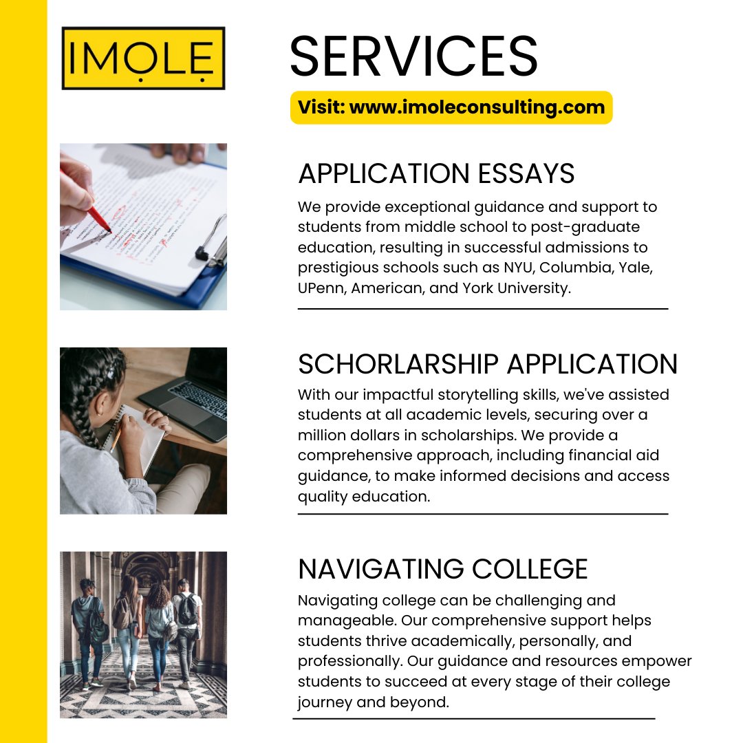 Visit our website at imoleconsulting.com to book us for any of these services. 

#ImoleConsulting #Services #EssayWriting #ApplicationEssays #StudyAbroad