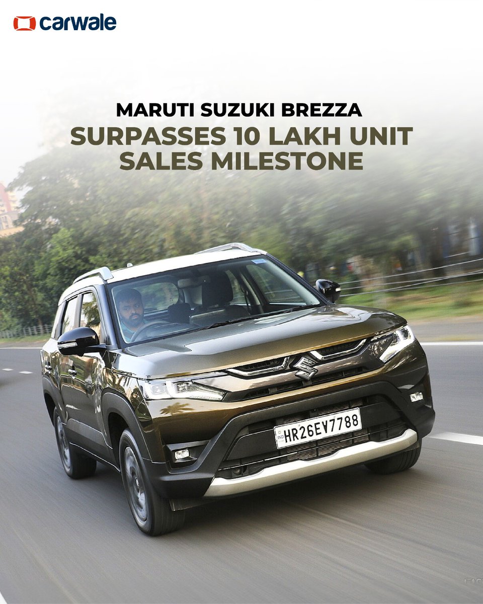 CarWale's tweet photo. #MarutiSuzuki has achieved a new sales milestone with its #Brezza #SUV in India. The automaker has sold over 10 lakh units of #Brezza and #VitaraBrezza collectively in the country.
Read more: https://t.co/kmpZ1XJw8Z
#CWNews https://t.co/u5xsEm61rR