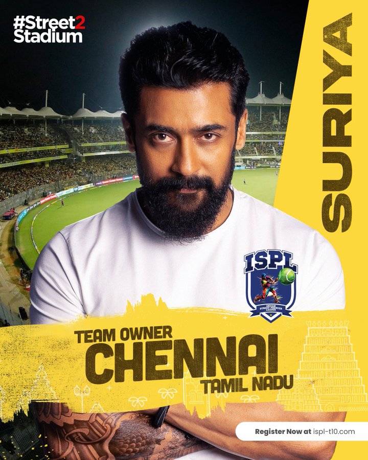 Actor #Suriya confirms ownership of he ownership of our Team Chennai in ISPLT10.  #ISPL

@ispl_t10

#Street2Stadium #StreetCricket #TamilNadu #TeamChennai