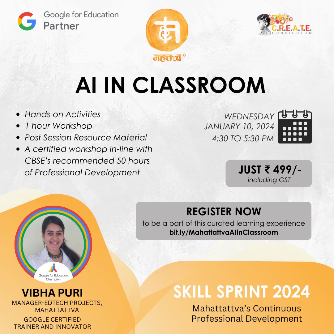 Join our interactive online workshop where you'll unlock the doors to a future of education infused with the magic of AI!
Click on the following link, to register for the workshop
bit.ly/MahattattvaAIi… 

@deeptisawhney @vibhapuri 

#education #edtech #workshop #AIinEducation